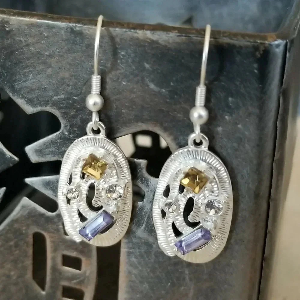 Sterling Silver Plated Oval Topaz Blue Clear Crystal Art Nouveau Dangle Earrings